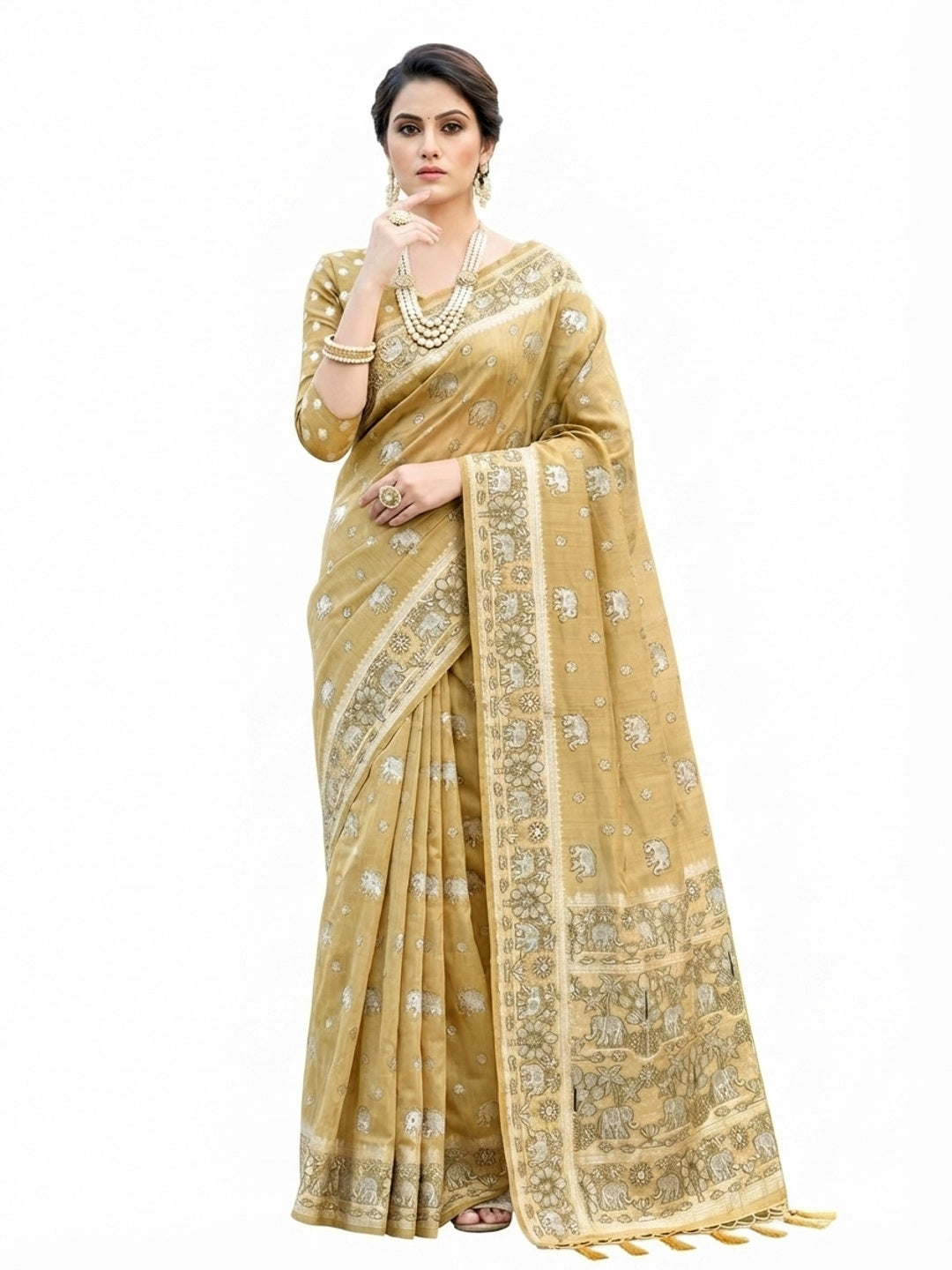 Peachmode Beige Cotton Blend Aarna Saree - Image 6
