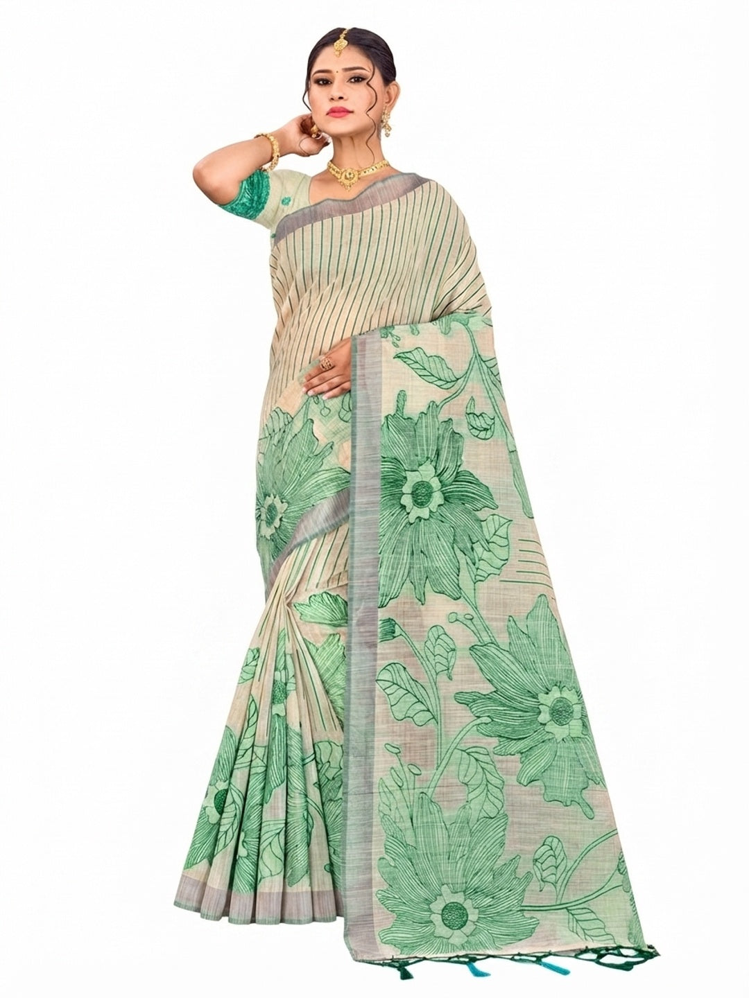 Peachmode Green Cotton Blend Aarika Cotton Saree - Image 6