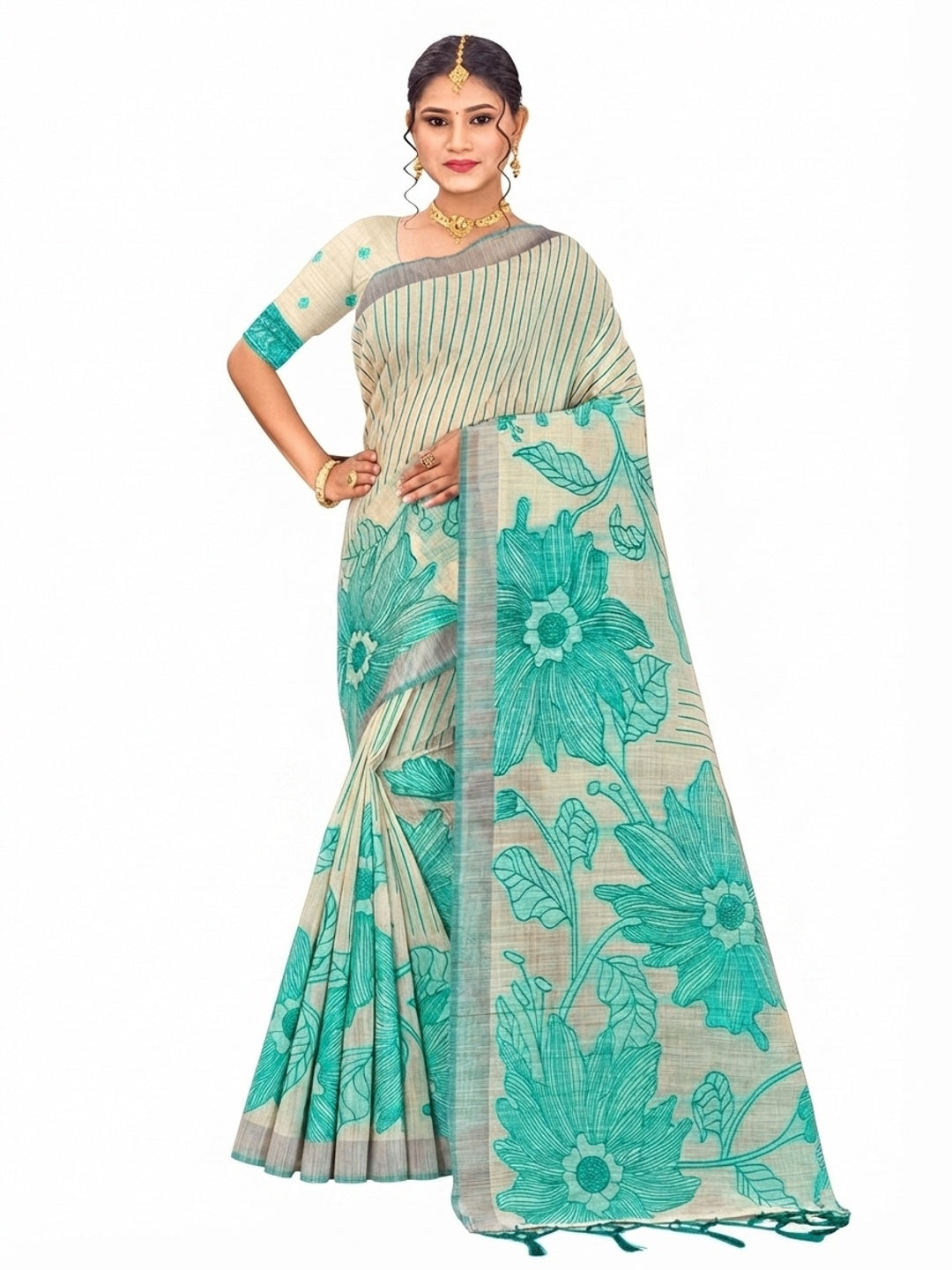 Peachmode Aqua Green Cotton Blend Aarika Cotton Saree - Image 6