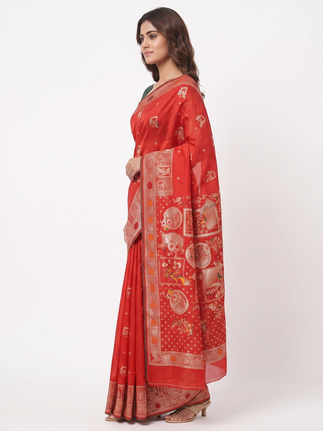 Red Lightweight Muslin Soft Saree Beautified with Classic Meenakari Zari Weaves - Image 3