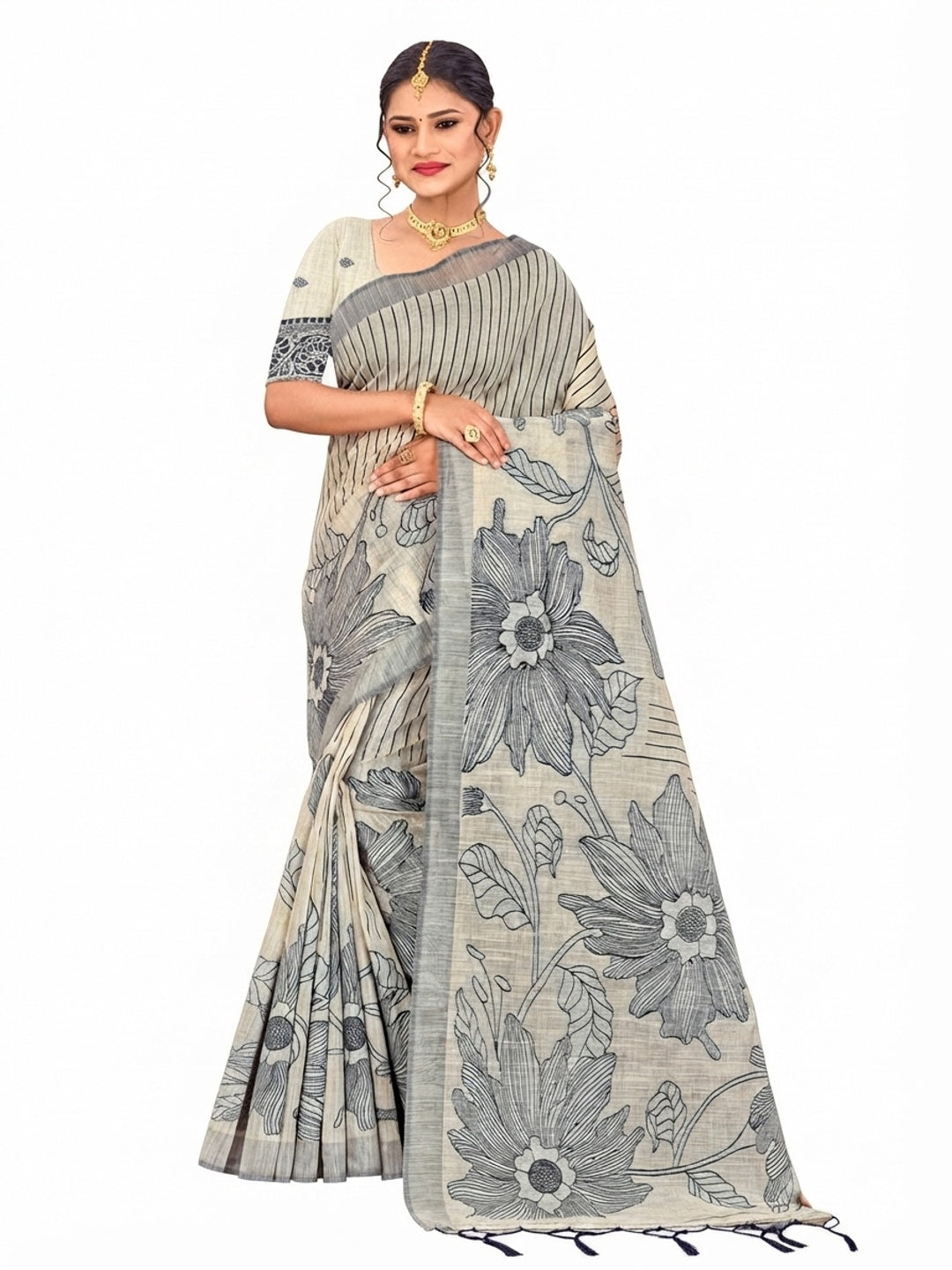 Peachmode Grey Cotton Blend Aarika Cotton Saree - Image 6