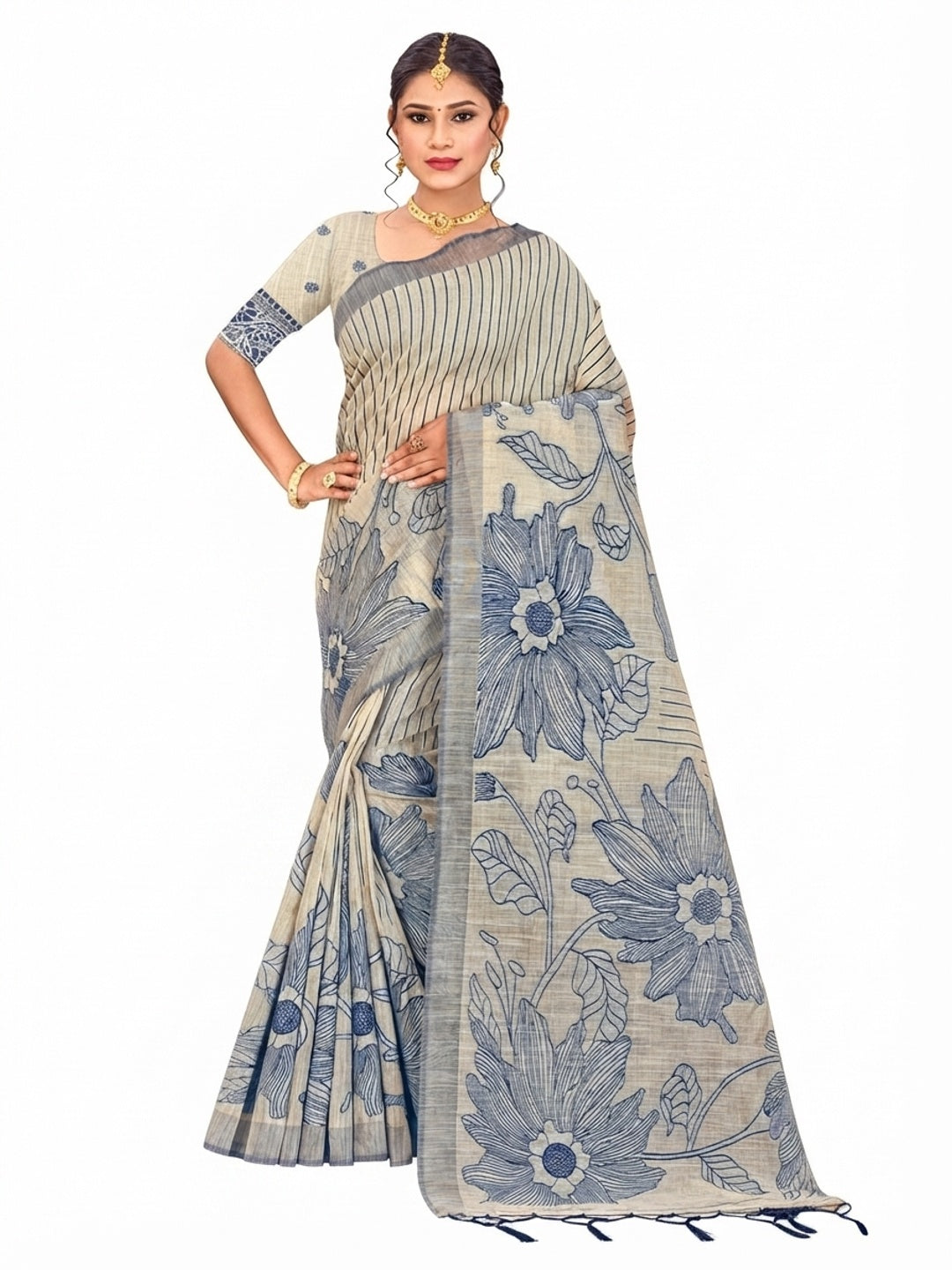 Peachmode Navy Blue Cotton Blend Aarika Cotton Saree - Image 6