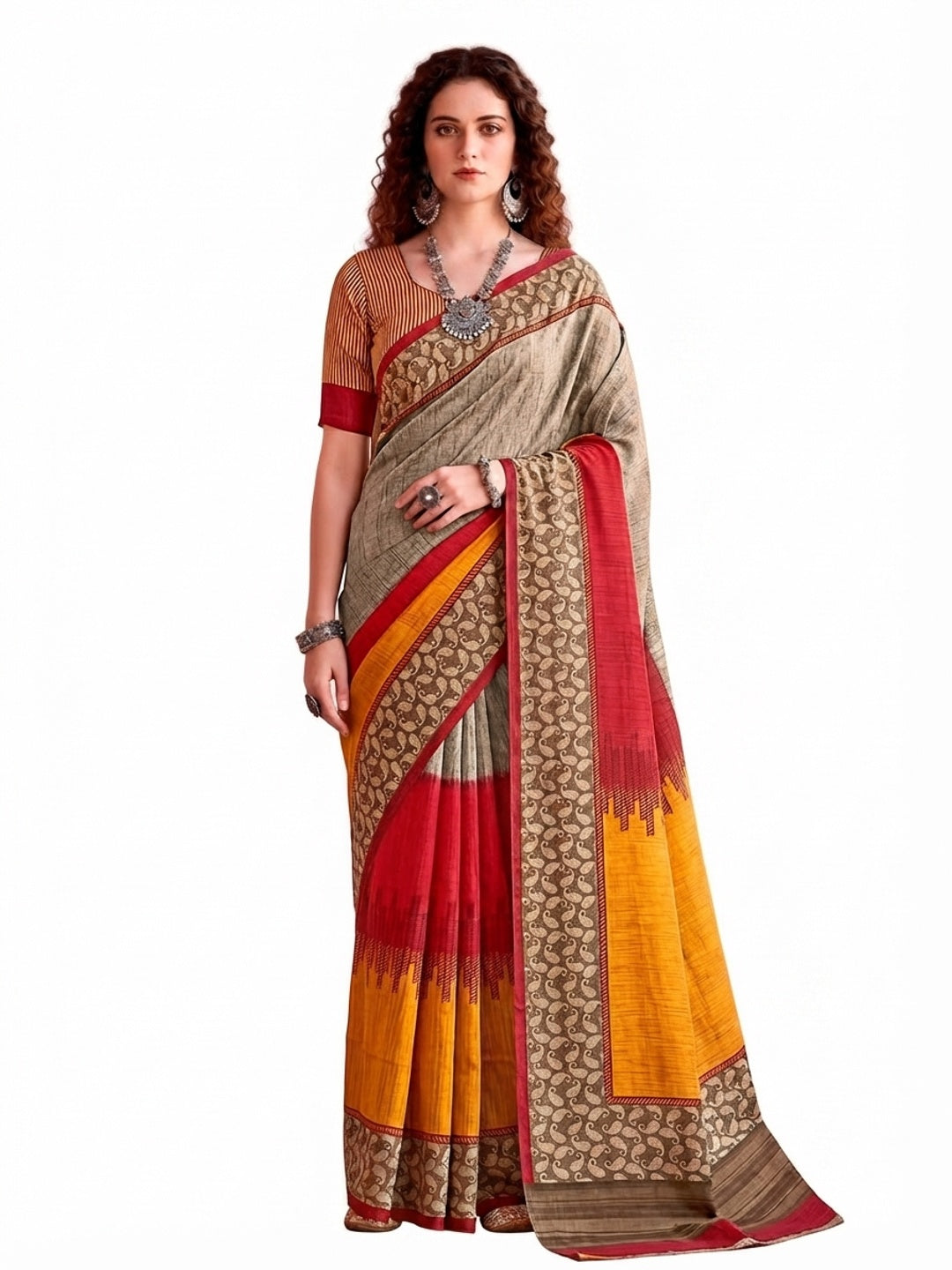Peachmode Grey Cotton Blend Aaradhya Saree - Image 6