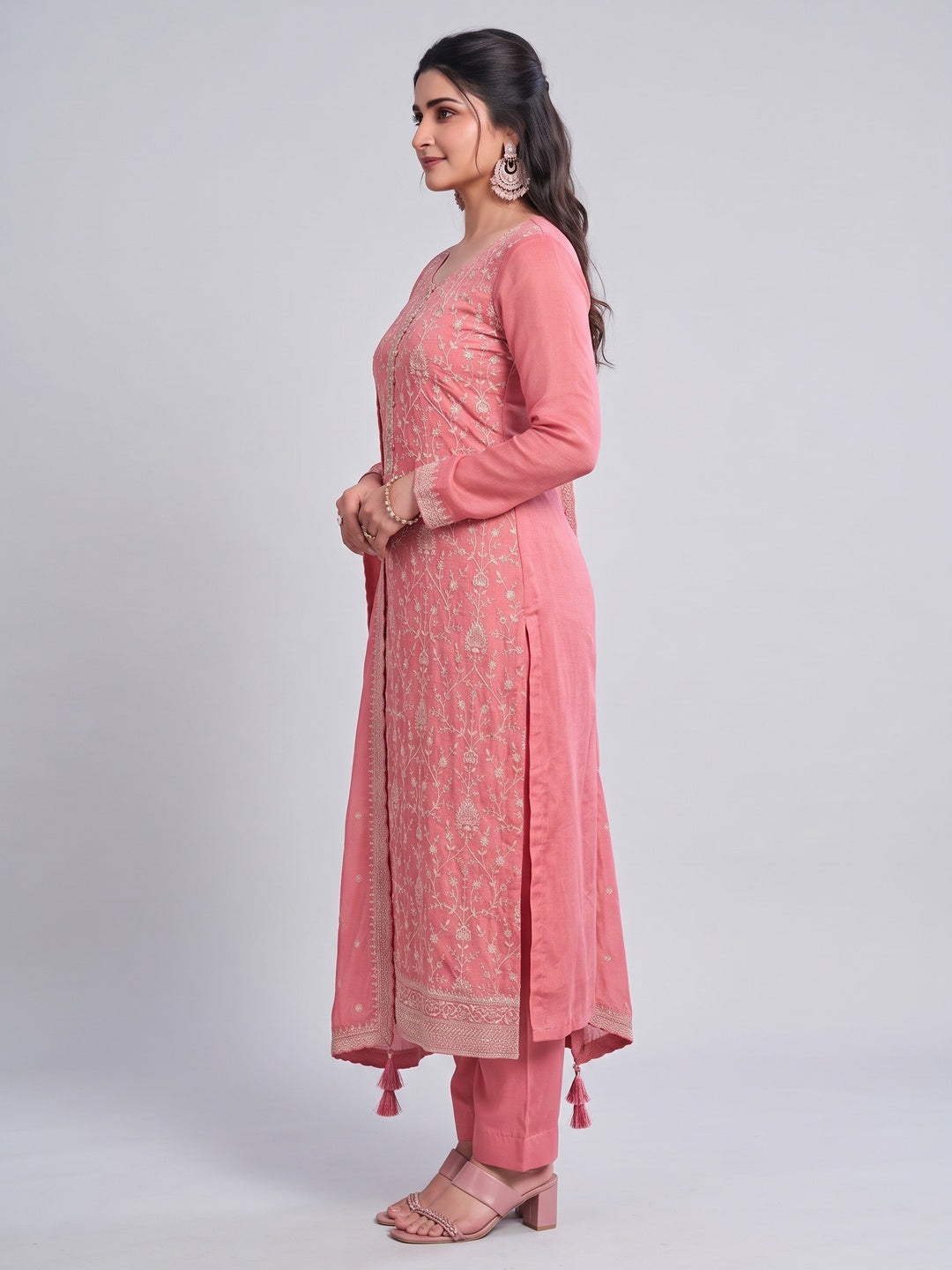 Peach Embroidered With Diamond Work Chinon Silk Semi Stitched Suit - Image 2