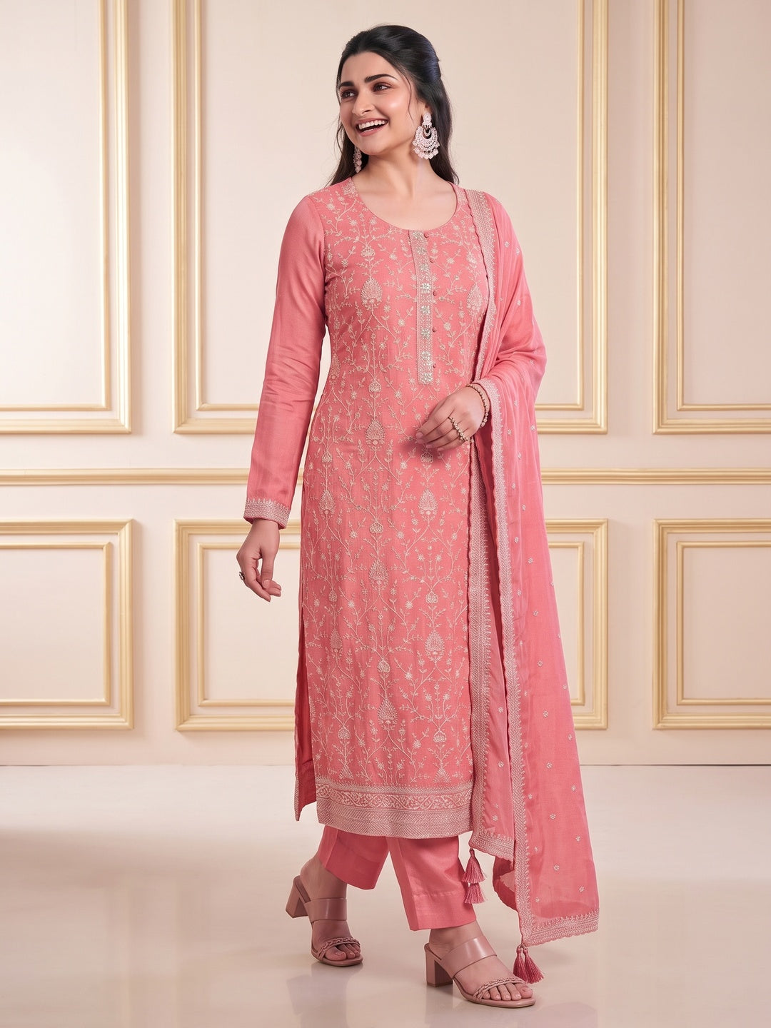 Peach Embroidered With Diamond Work Chinon Silk Semi Stitched Suit - Image 3