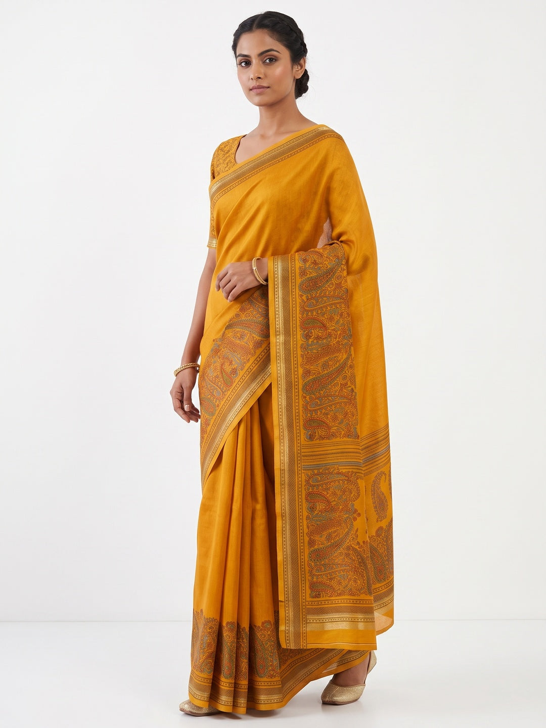 Mustard Silk Blend Saree With Timeless Kashmiri Print Elegance - Image 1