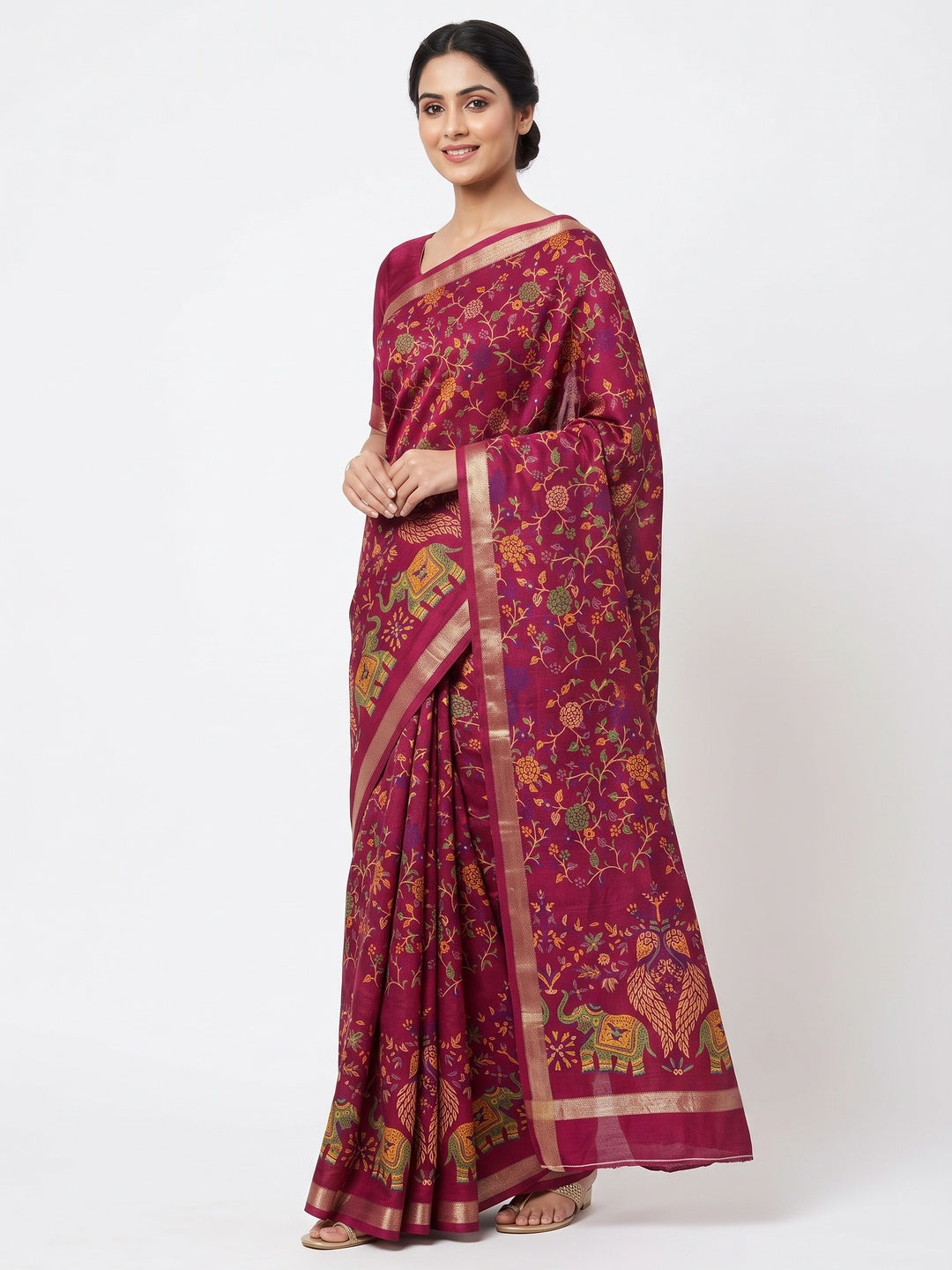Wine Floral Printed Tussar Silk Blend Saree Accentuated With Rich Zari Border Work - Image 1
