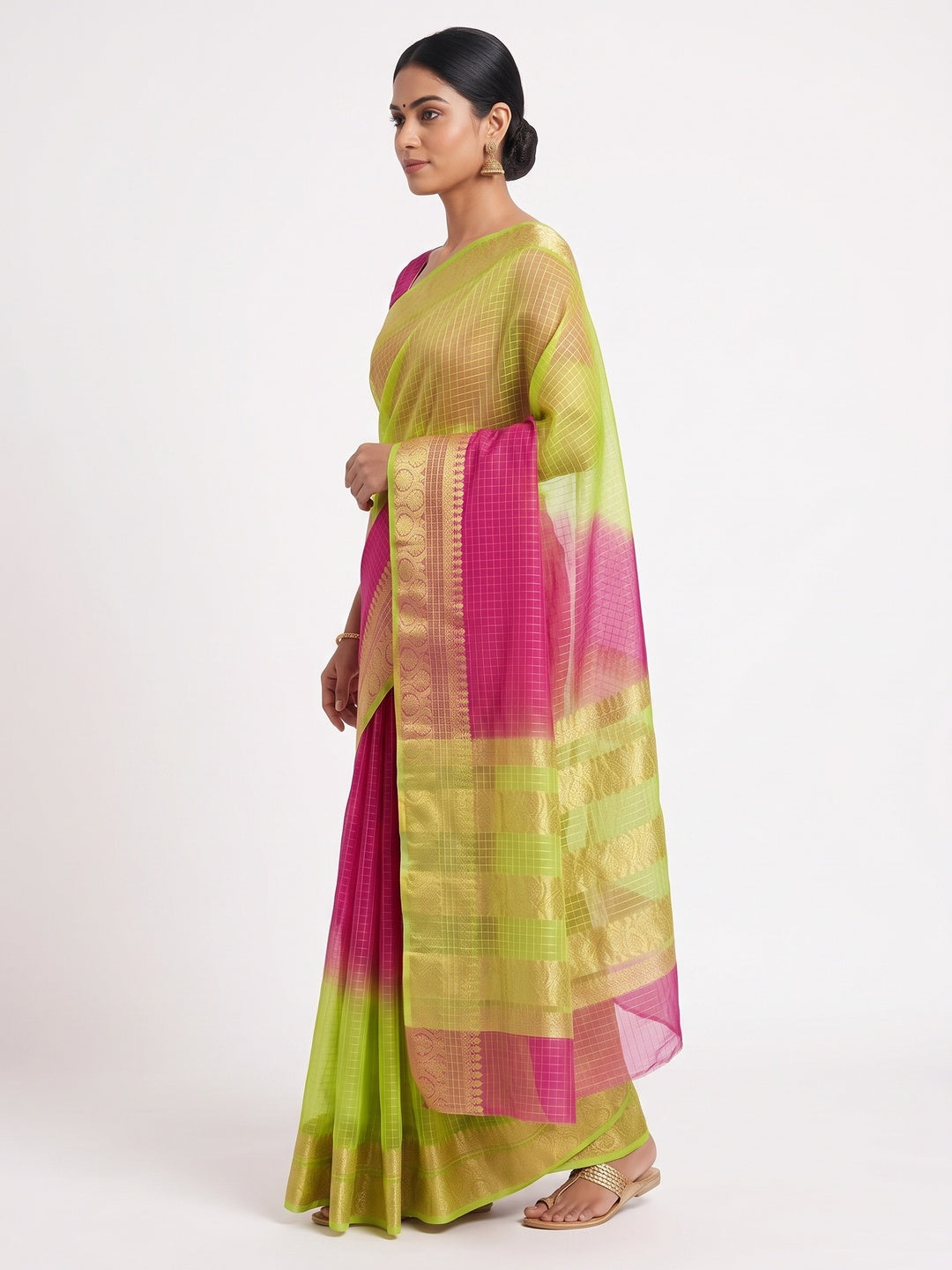 Classic Green & Pink  Kerala Inspired Checked Weaving Organza Saree - Image 3