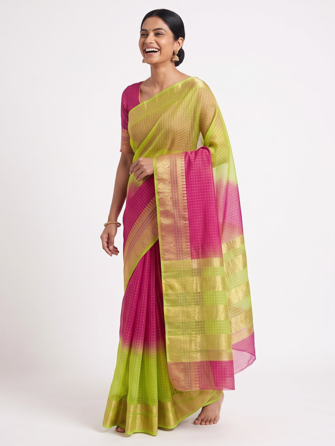 Classic Green & Pink  Kerala Inspired Checked Weaving Organza Saree - Image 4