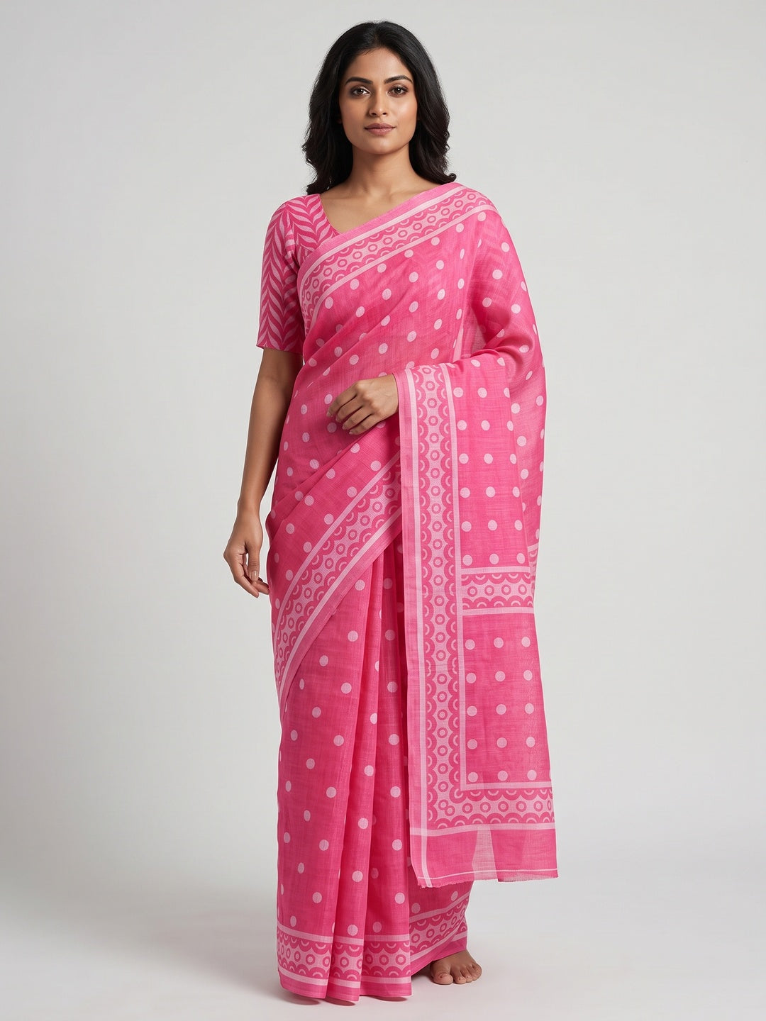 Pink Floral Print Saree in Breathable Pure Linen Fabric - Image 1
