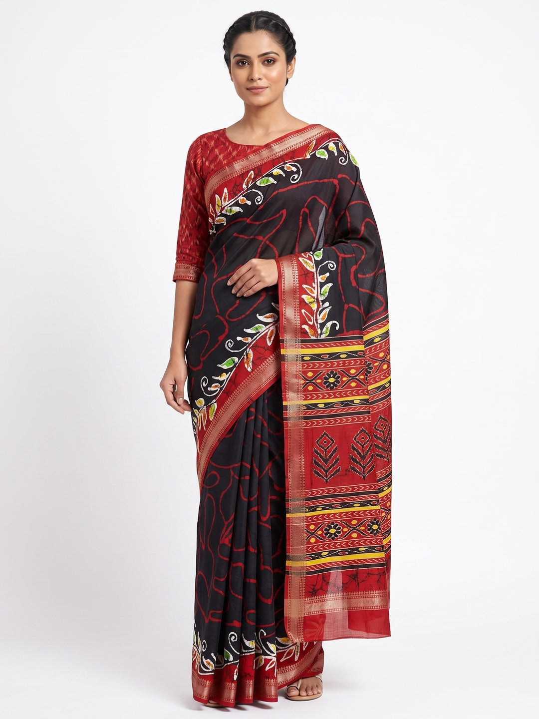 Majestic Black Batik Abstract Printed Cotton Blend Saree With Elegant Zari Weaving Border - Image 1