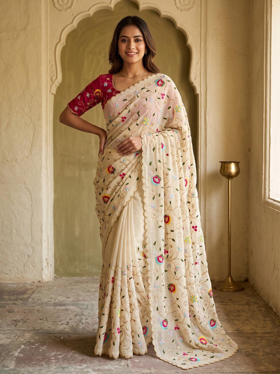 Peachmode Cream Georgette Saree - Image 1