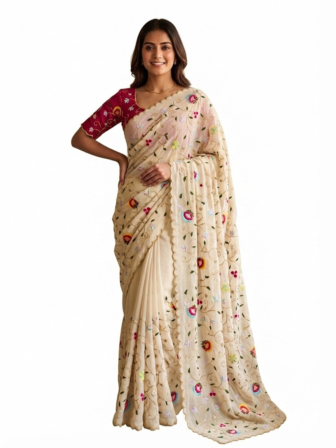 Peachmode Cream Georgette Saree - Image 6