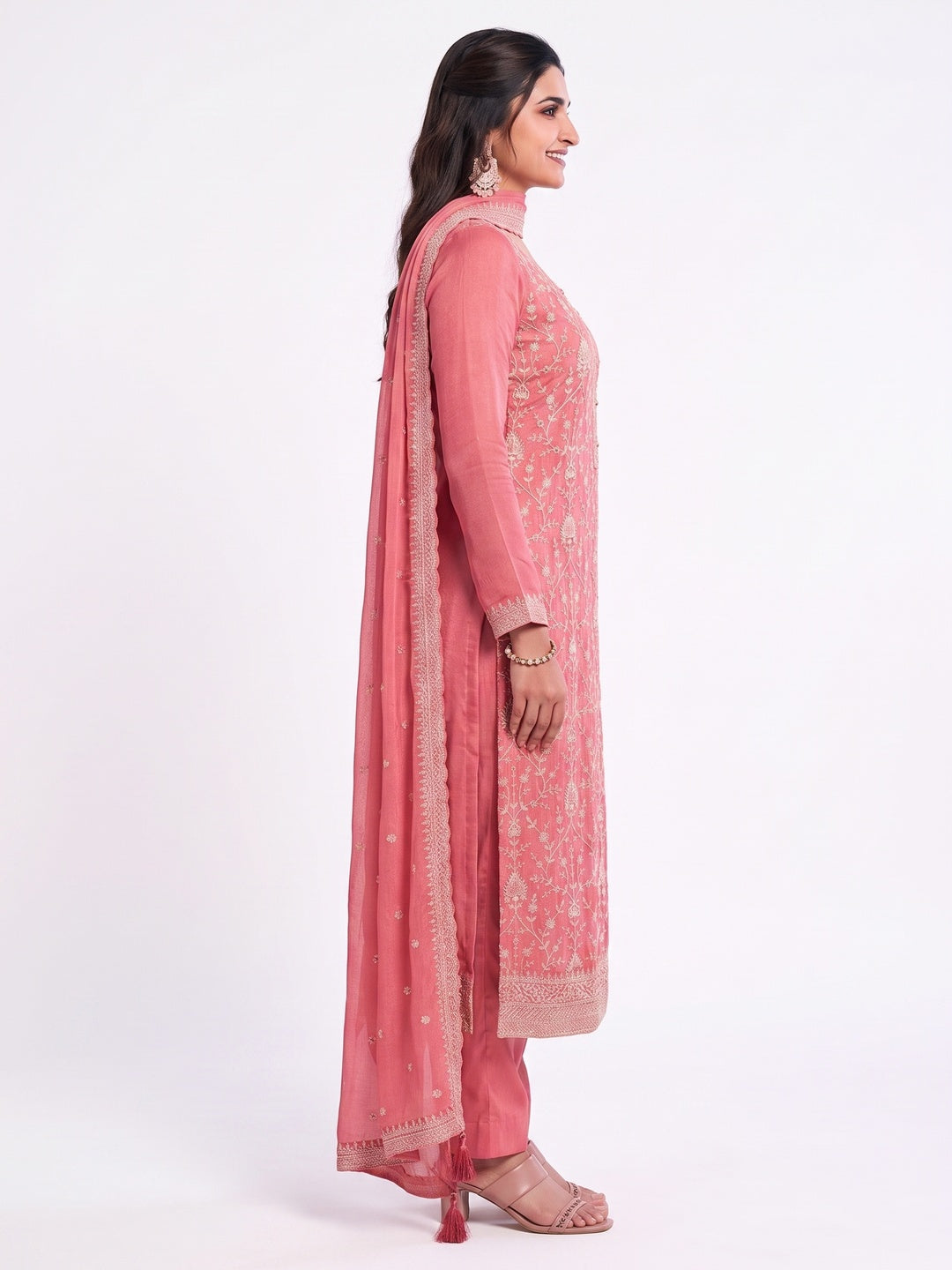 Peach Embroidered With Diamond Work Chinon Silk Semi Stitched Suit - Image 6