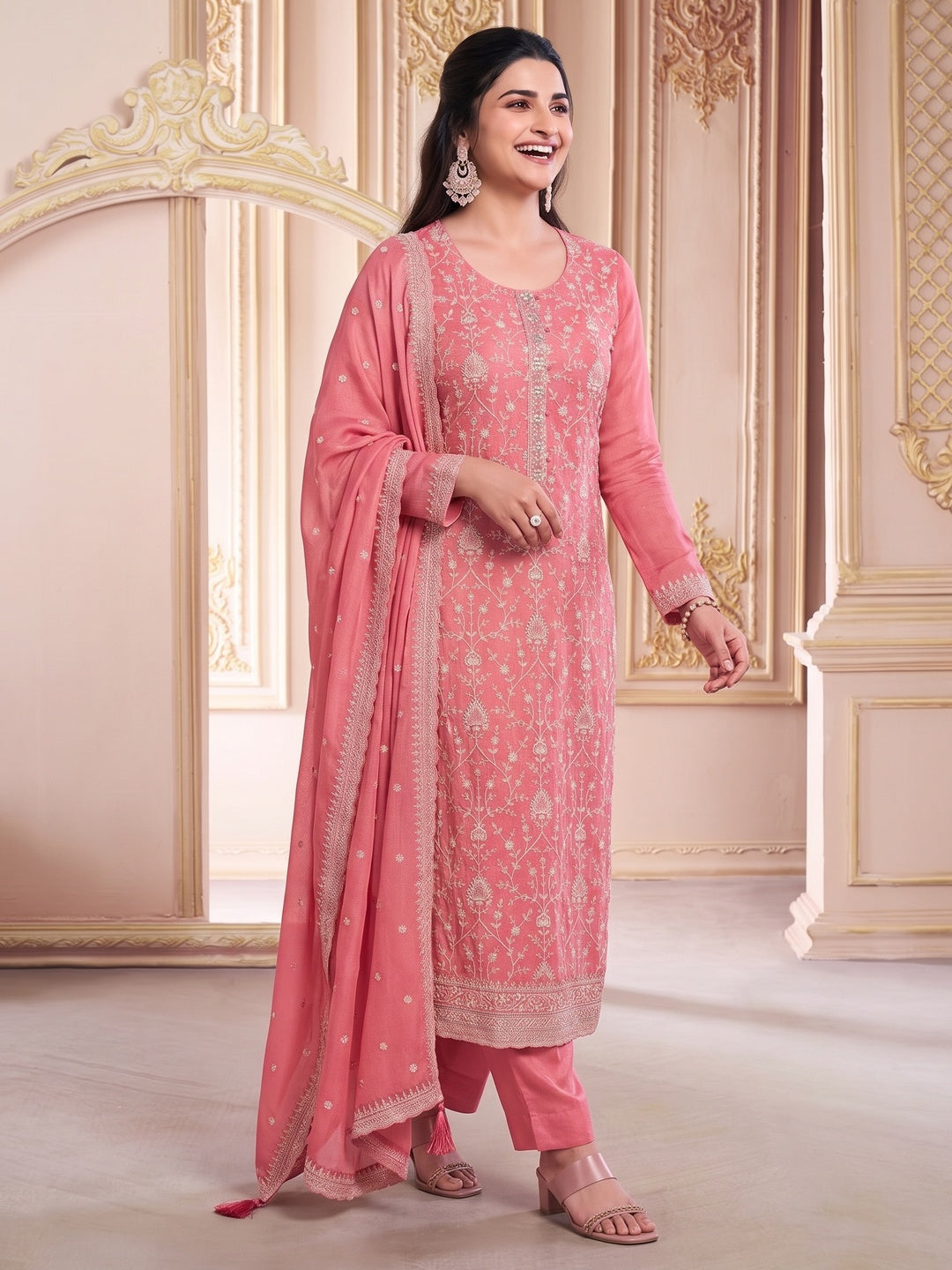 Peach Embroidered With Diamond Work Chinon Silk Semi Stitched Suit - Image 7
