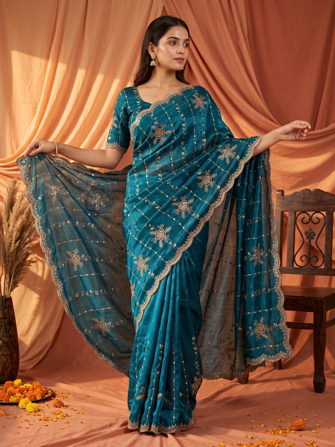 Peachmode Blue Satin Embroidered Saree - Image 1
