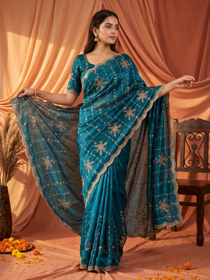 Peachmode Blue Satin Embroidered Saree - Image 1