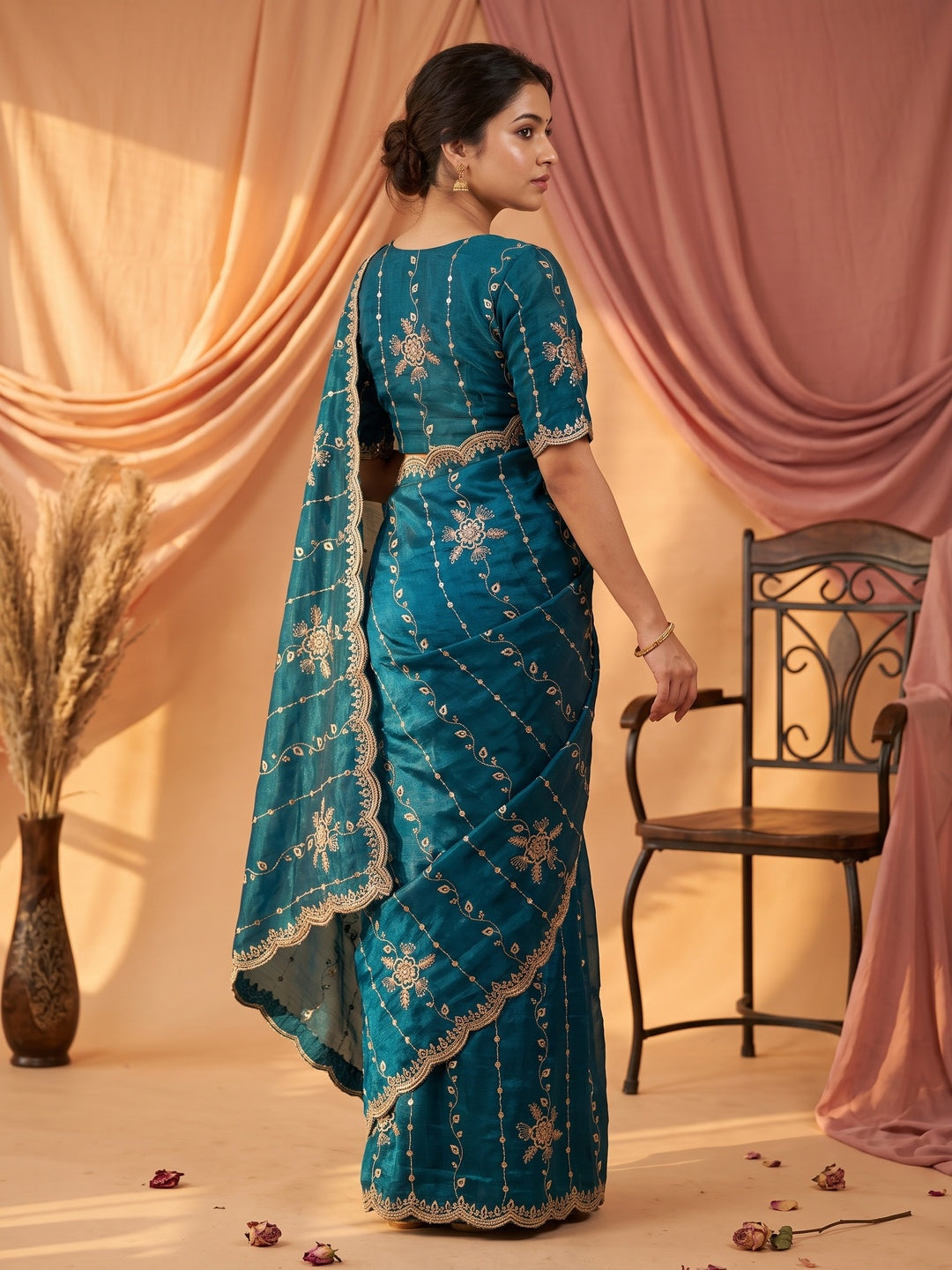 Peachmode Blue Satin Embroidered Saree - Image 4