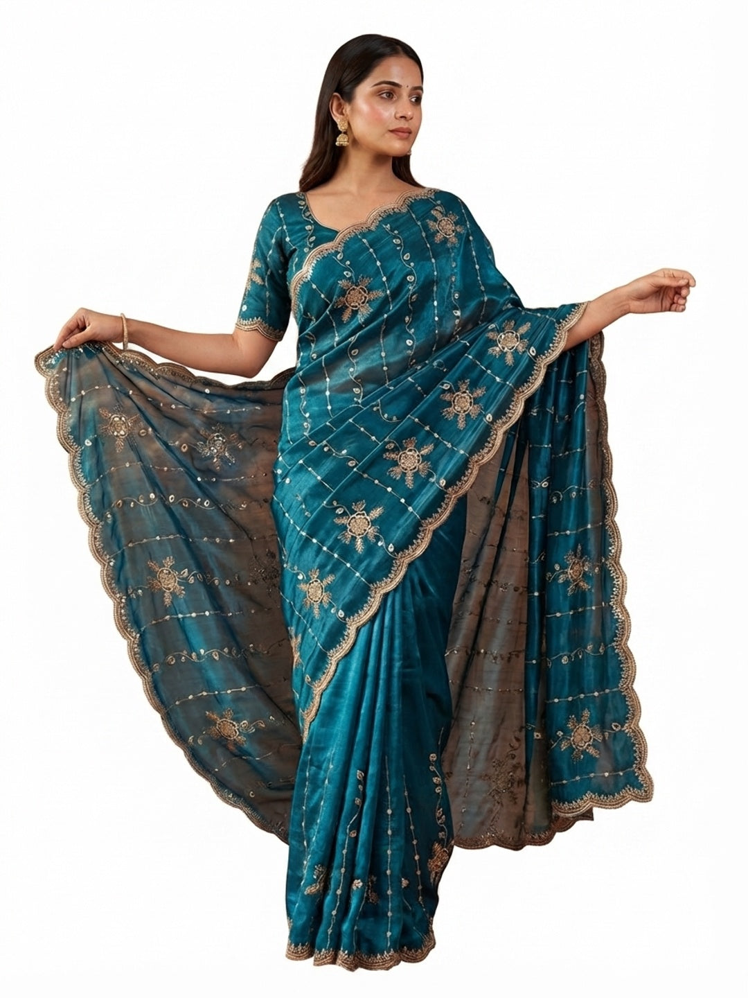 Peachmode Blue Satin Embroidered Saree - Image 6