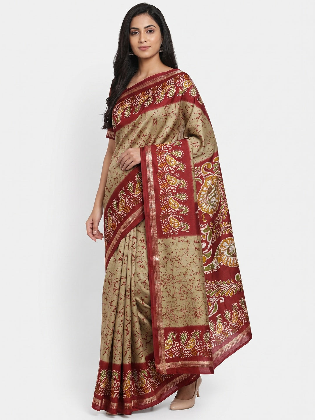 Chikoo & Maroon Abstract Printed Dola Silk Saree Enhanced With Kalamkari Art Pallu - Image 1