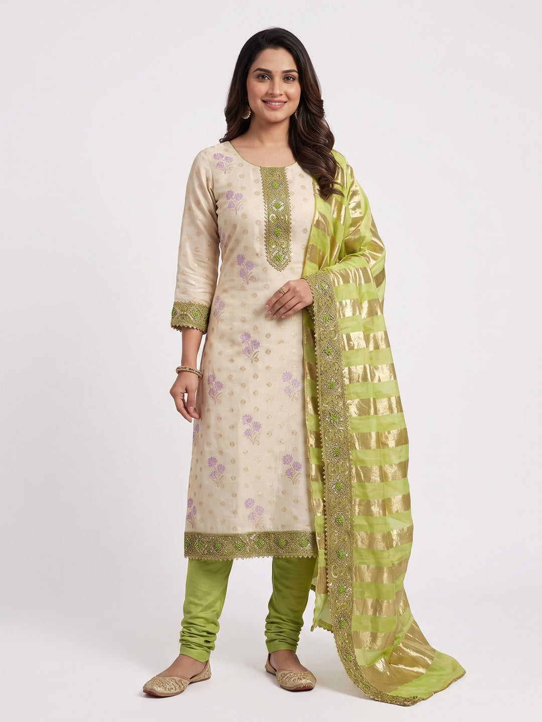 Cream & Green Floral Weaving Shimmer Dress Material Adorned With Elegant Sequins Embroidery - Image 2