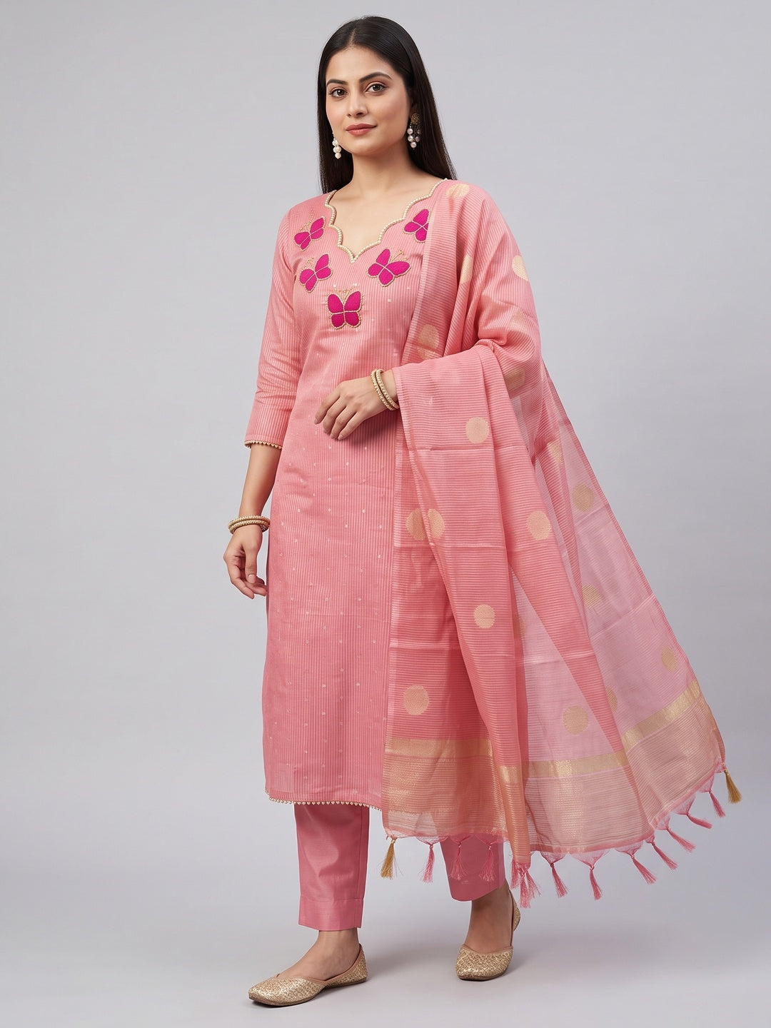 Premium Pink Striped Weaving Silk Blend Dress Material Enhanced with Beads & Moti Hand Work - Image 2