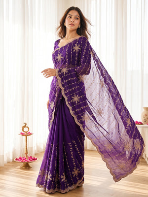 Peachmode Purple Satin Embroidered Saree - Image 1