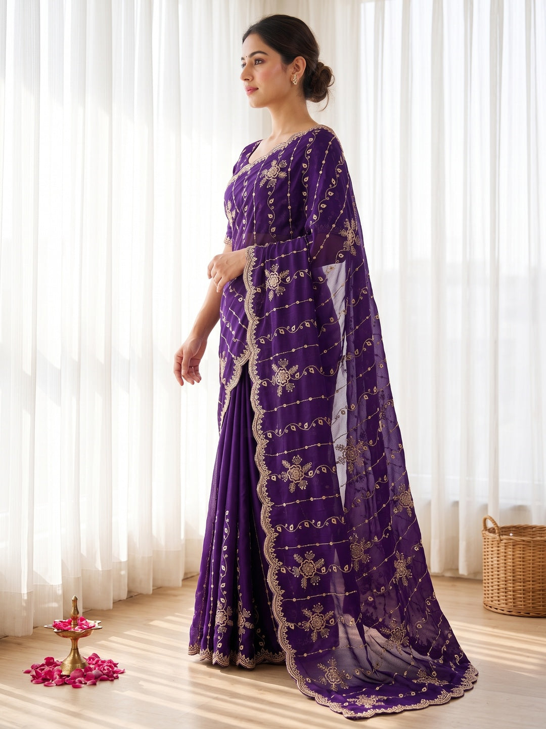 Peachmode Purple Satin Embroidered Saree - Image 6