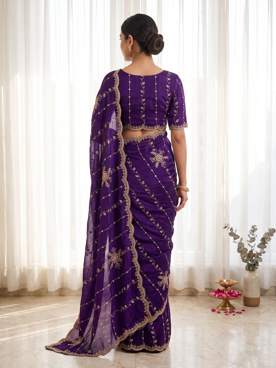 Peachmode Purple Satin Embroidered Saree - Image 3