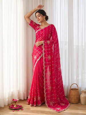 Peachmode Pink Satin Embroidered Saree - Image 1