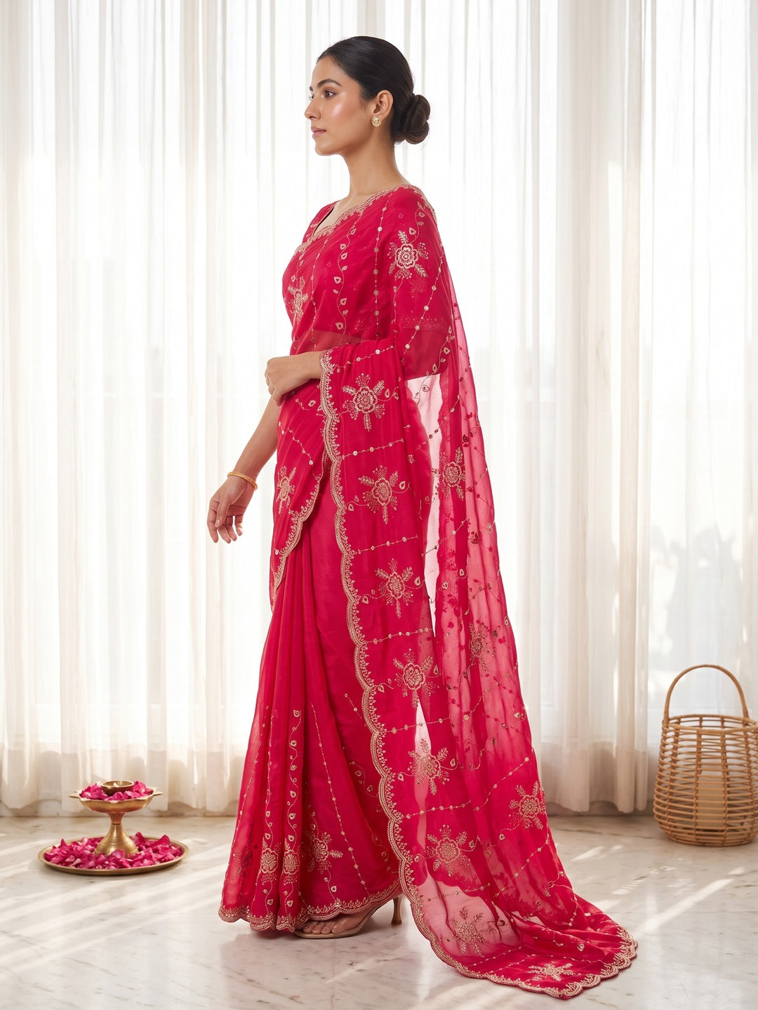 Peachmode Pink Satin Embroidered Saree - Image 5