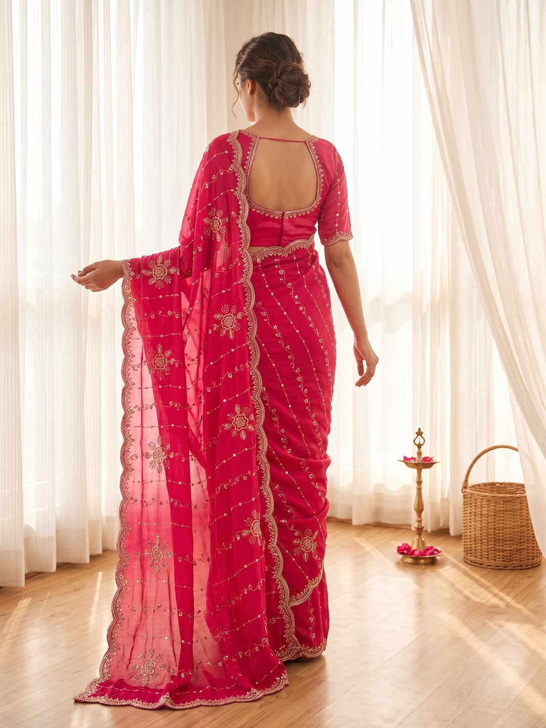 Peachmode Pink Satin Embroidered Saree - Image 4