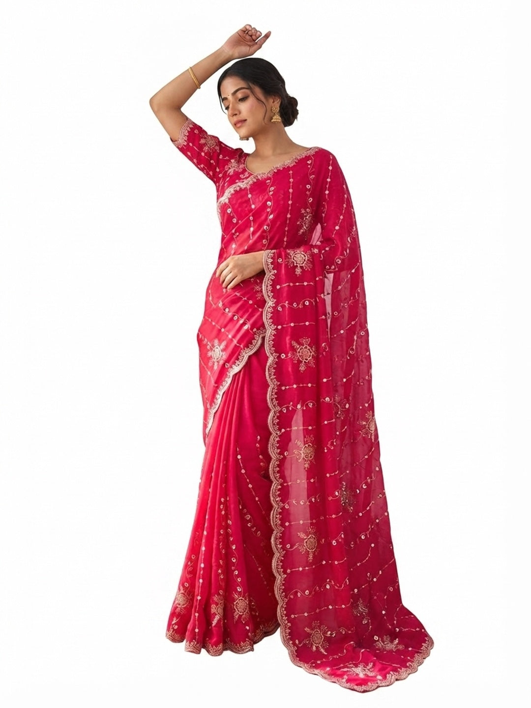 Peachmode Pink Satin Embroidered Saree - Image 6