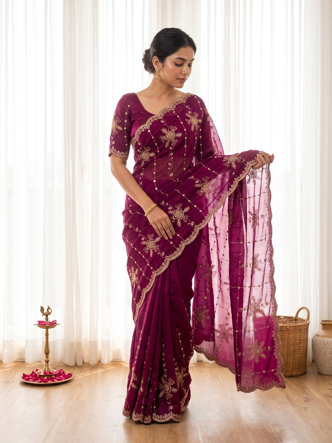 Peachmode Magenta Satin Embroidered Saree - Image 1