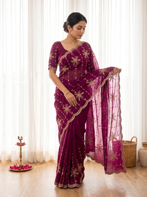 Peachmode Magenta Satin Embroidered Saree - Image 1