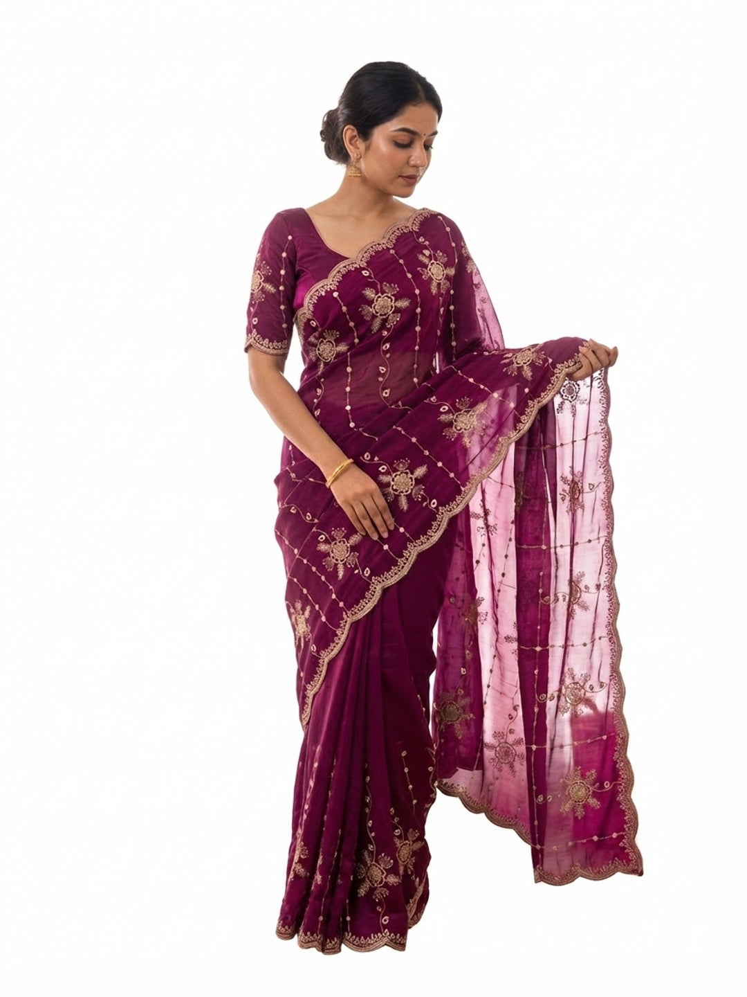 Peachmode Magenta Satin Embroidered Saree - Image 5