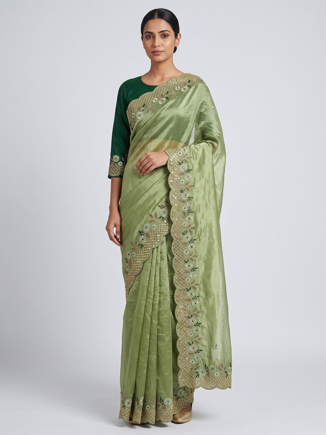 Green Saree in Tissue Fabric with Feminine Floral Embroidery - Image 1