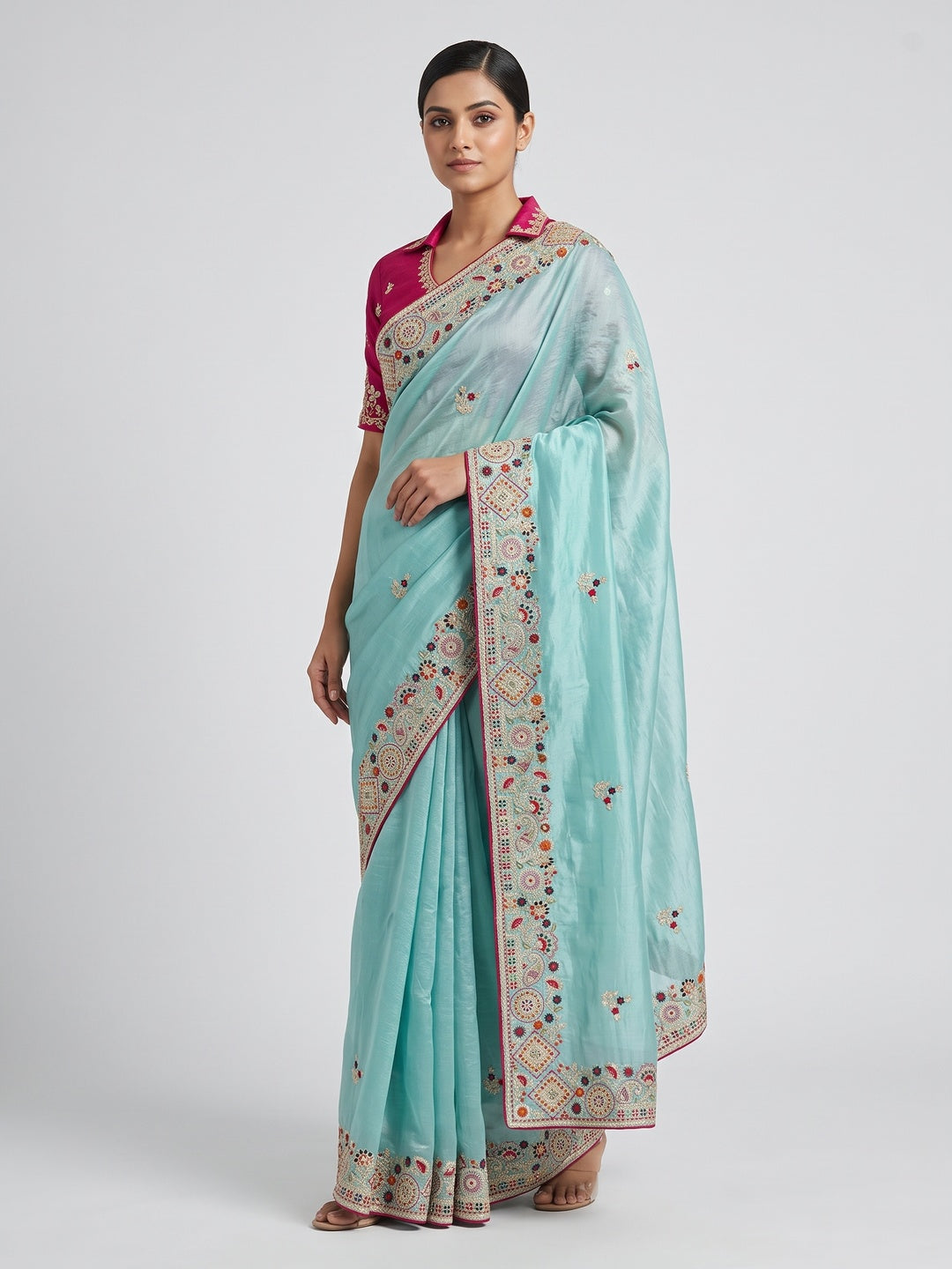 Aqua Blue Saree in Cotton Silk Fabric with Exquisite Floral Sequins Detailing - Image 6