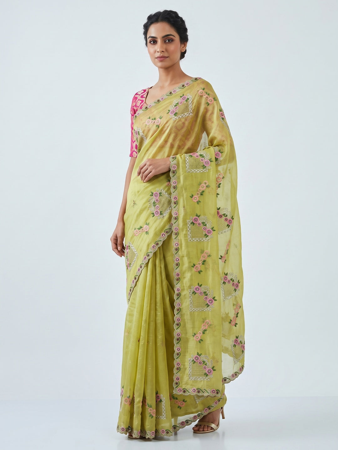 Stunning Yellow Floral Embroidery & Swarovski Adorned Paper Silk Saree with Cutwork Border - Image 1