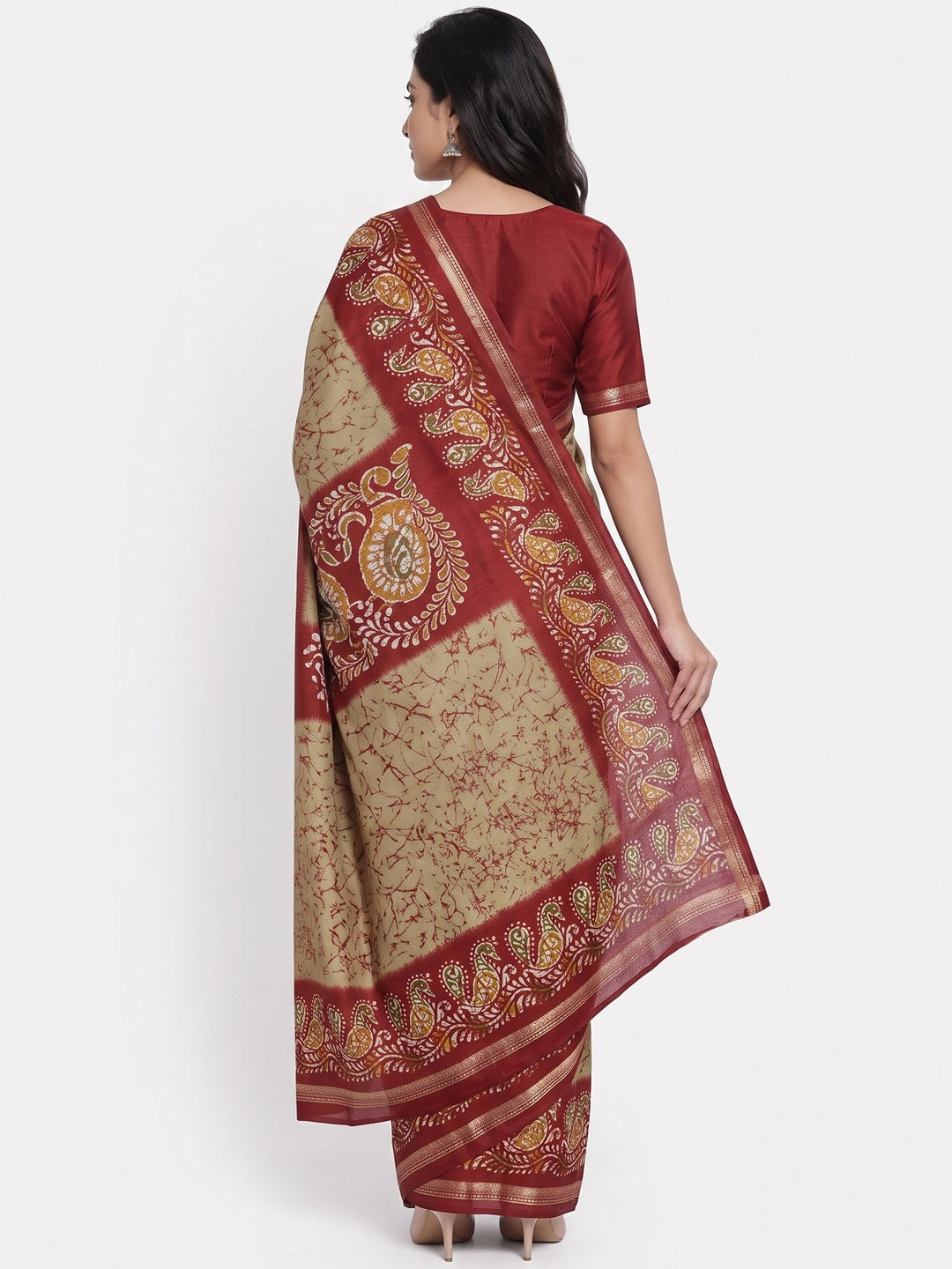 Chikoo & Maroon Abstract Printed Dola Silk Saree Enhanced With Kalamkari Art Pallu - Image 2