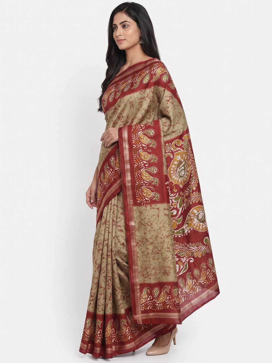 Chikoo & Maroon Abstract Printed Dola Silk Saree Enhanced With Kalamkari Art Pallu - Image 3