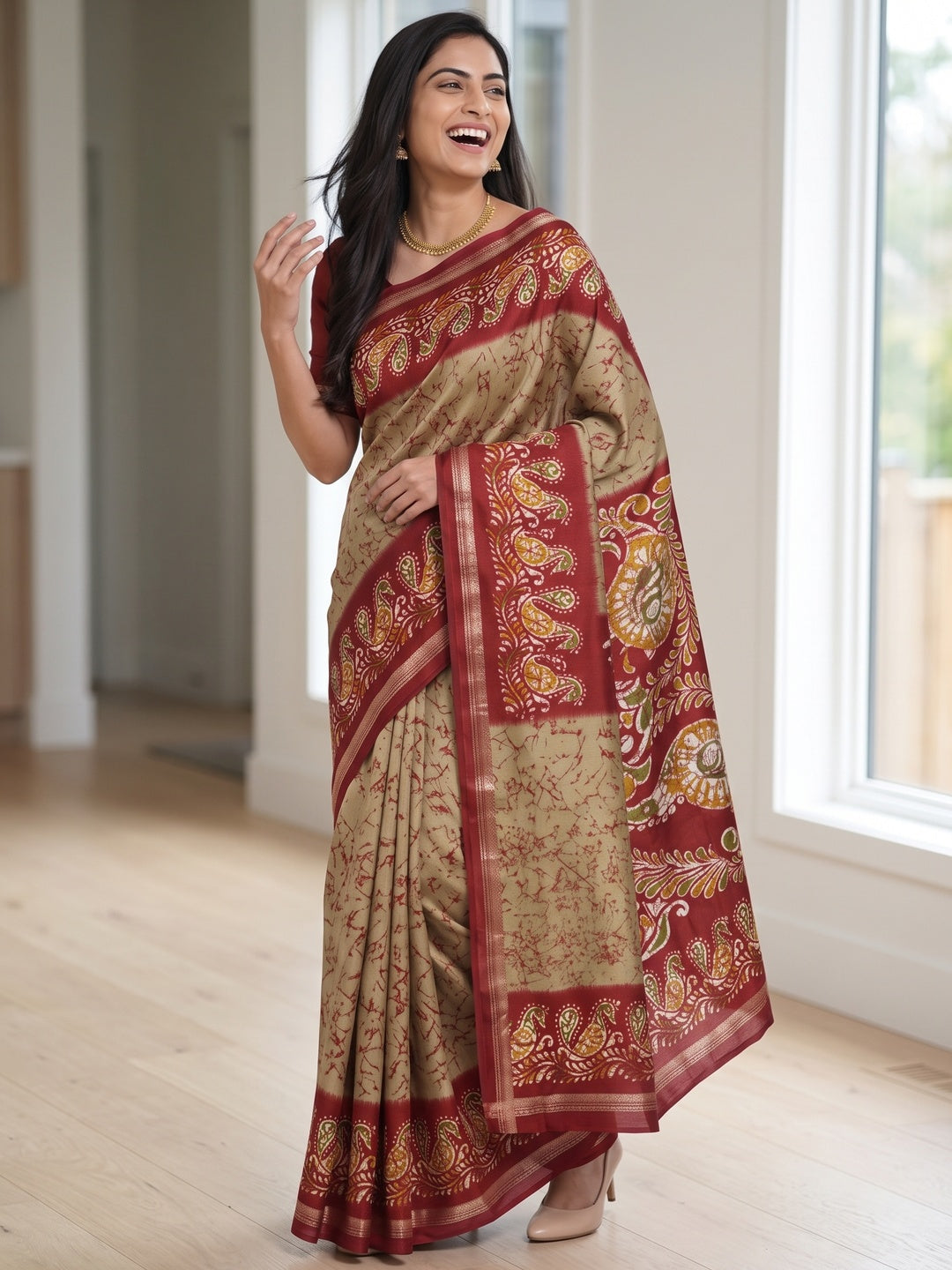 Chikoo & Maroon Abstract Printed Dola Silk Saree Enhanced With Kalamkari Art Pallu - Image 4