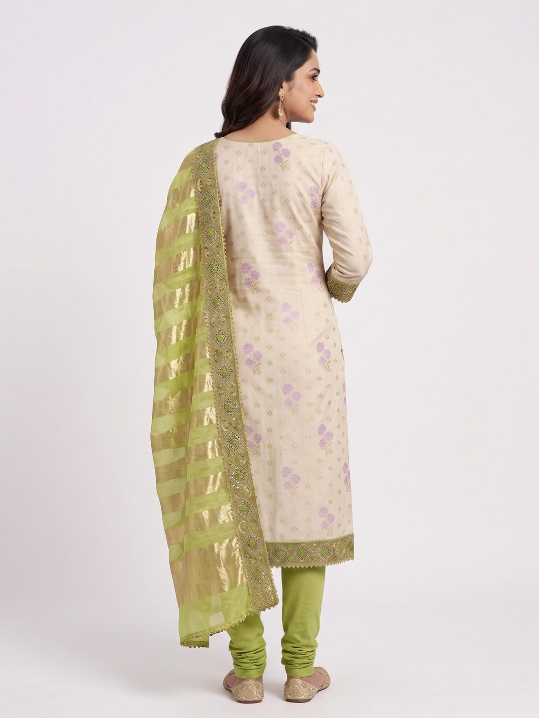 Cream & Green Floral Weaving Shimmer Dress Material Adorned With Elegant Sequins Embroidery - Image 4