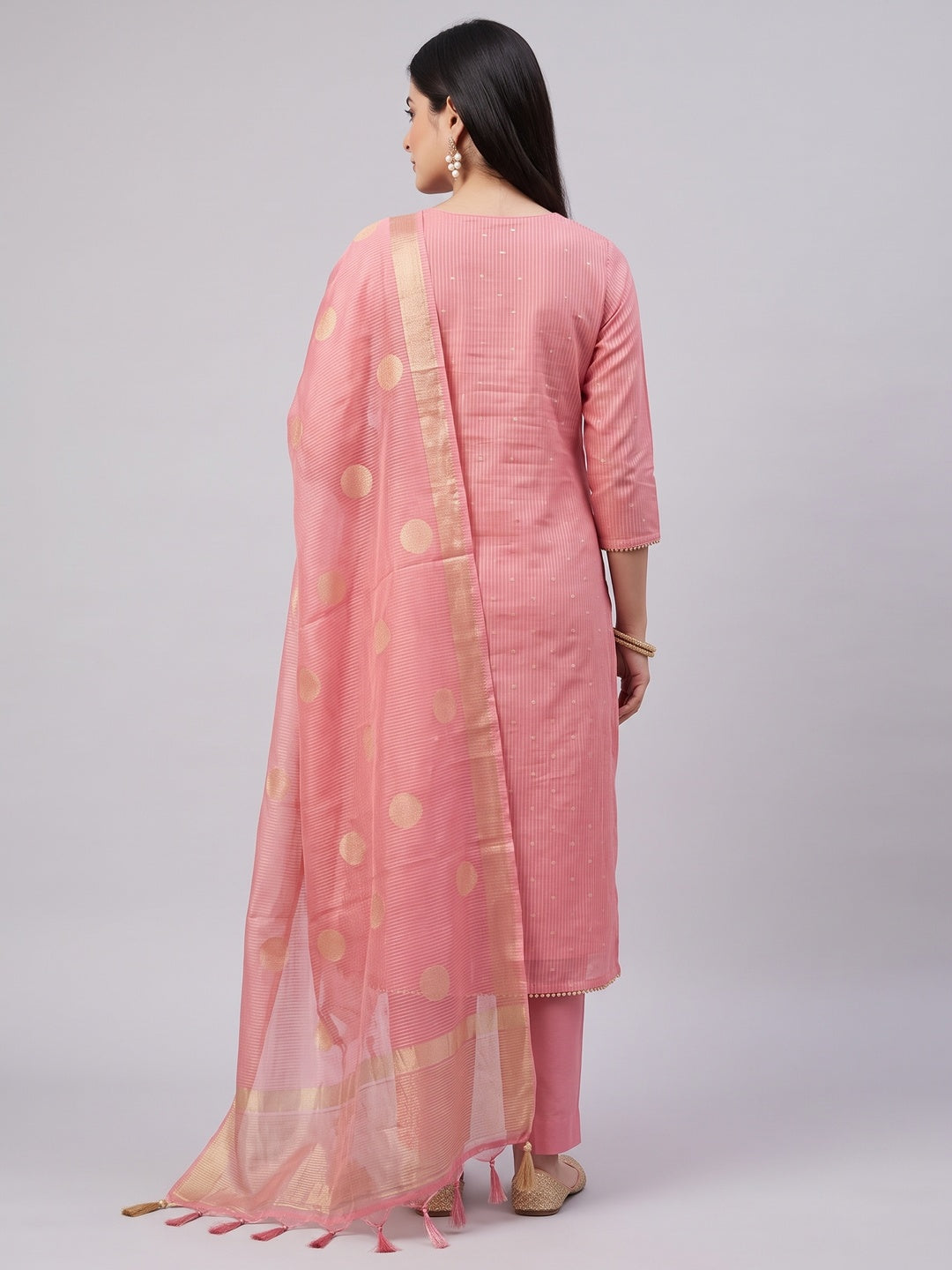 Premium Pink Striped Weaving Silk Blend Dress Material Enhanced with Beads & Moti Hand Work - Image 4