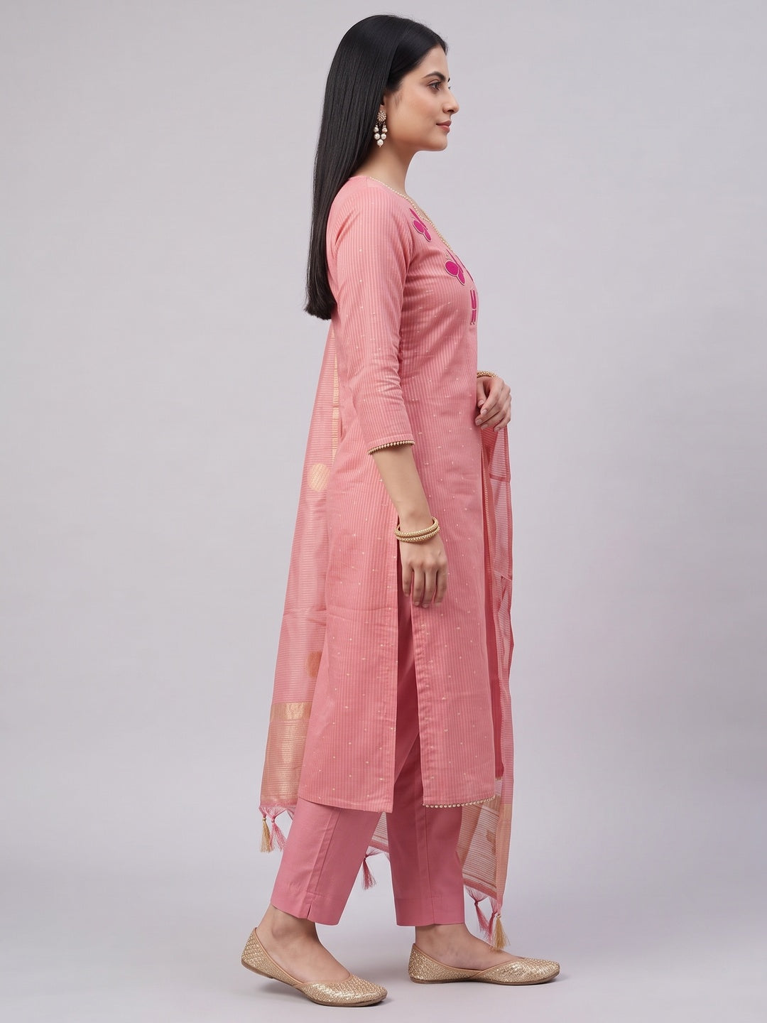 Premium Pink Striped Weaving Silk Blend Dress Material Enhanced with Beads & Moti Hand Work - Image 5