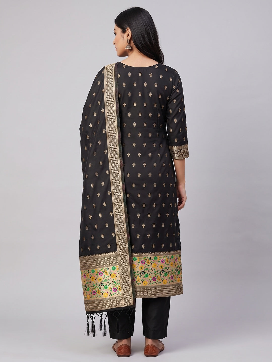 Black Floral Zari Woven Banarasi Silk Dress Material - Image 2