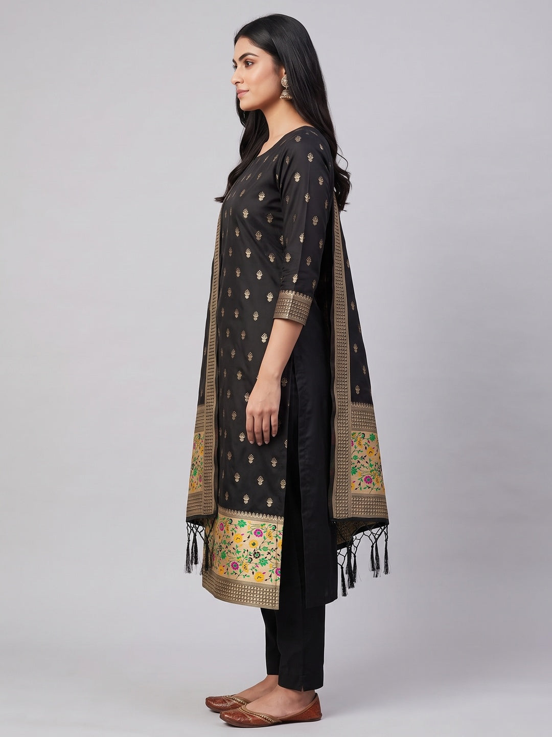 Black Floral Zari Woven Banarasi Silk Dress Material - Image 3