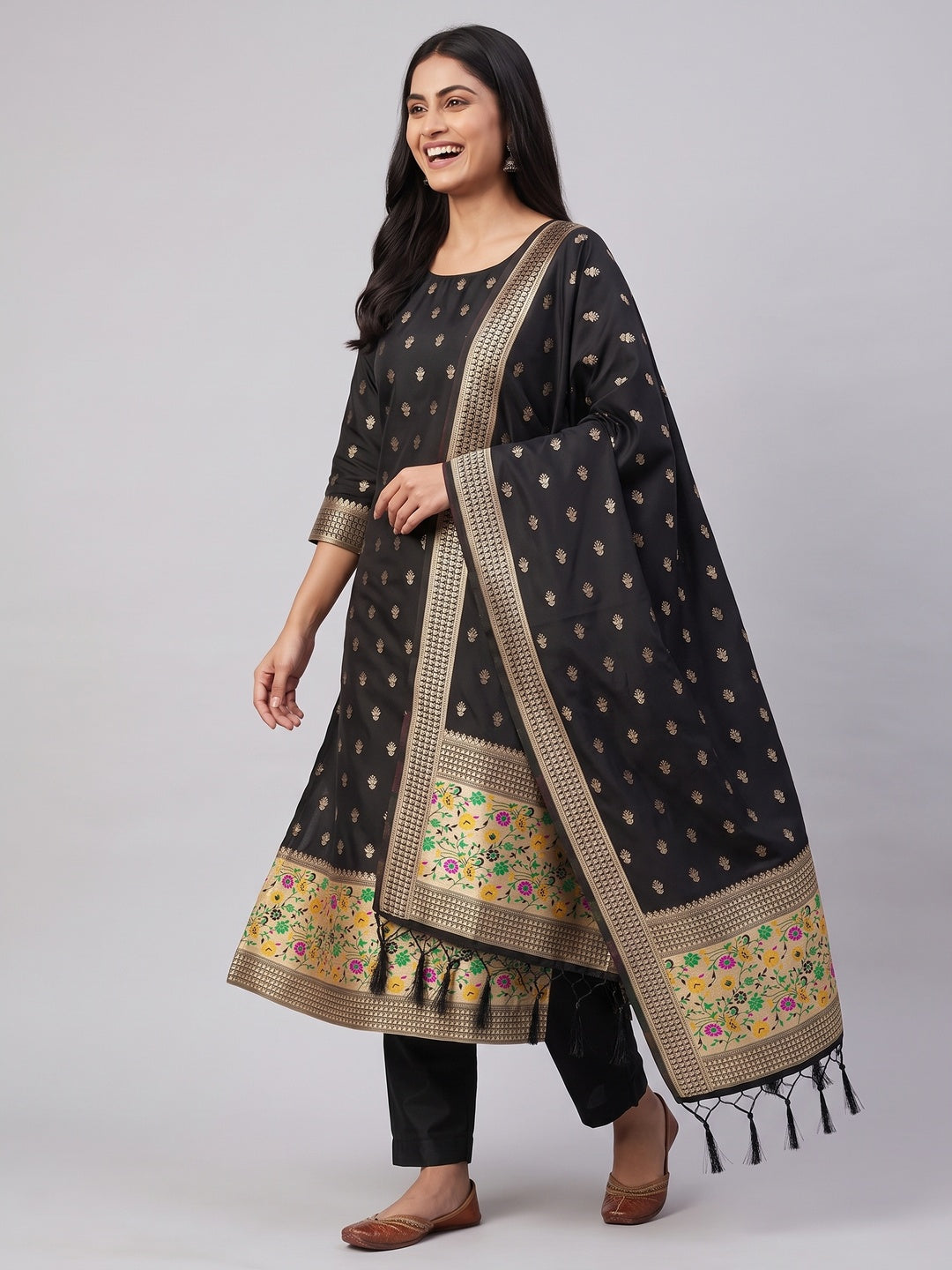 Black Floral Zari Woven Banarasi Silk Dress Material - Image 4