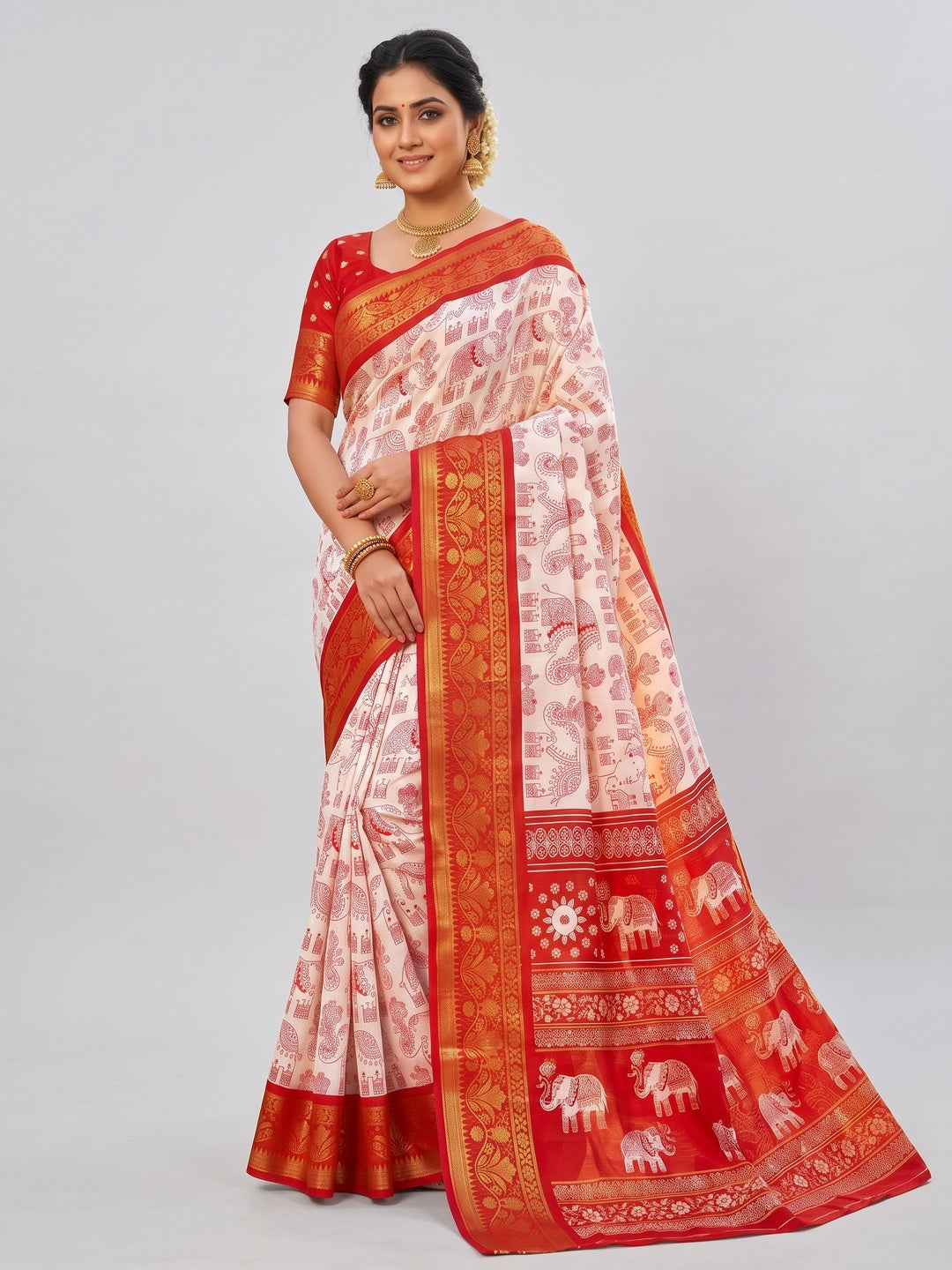 White Dola Silk Saree with Red Border Lightweight Festive Outfit - Image 1