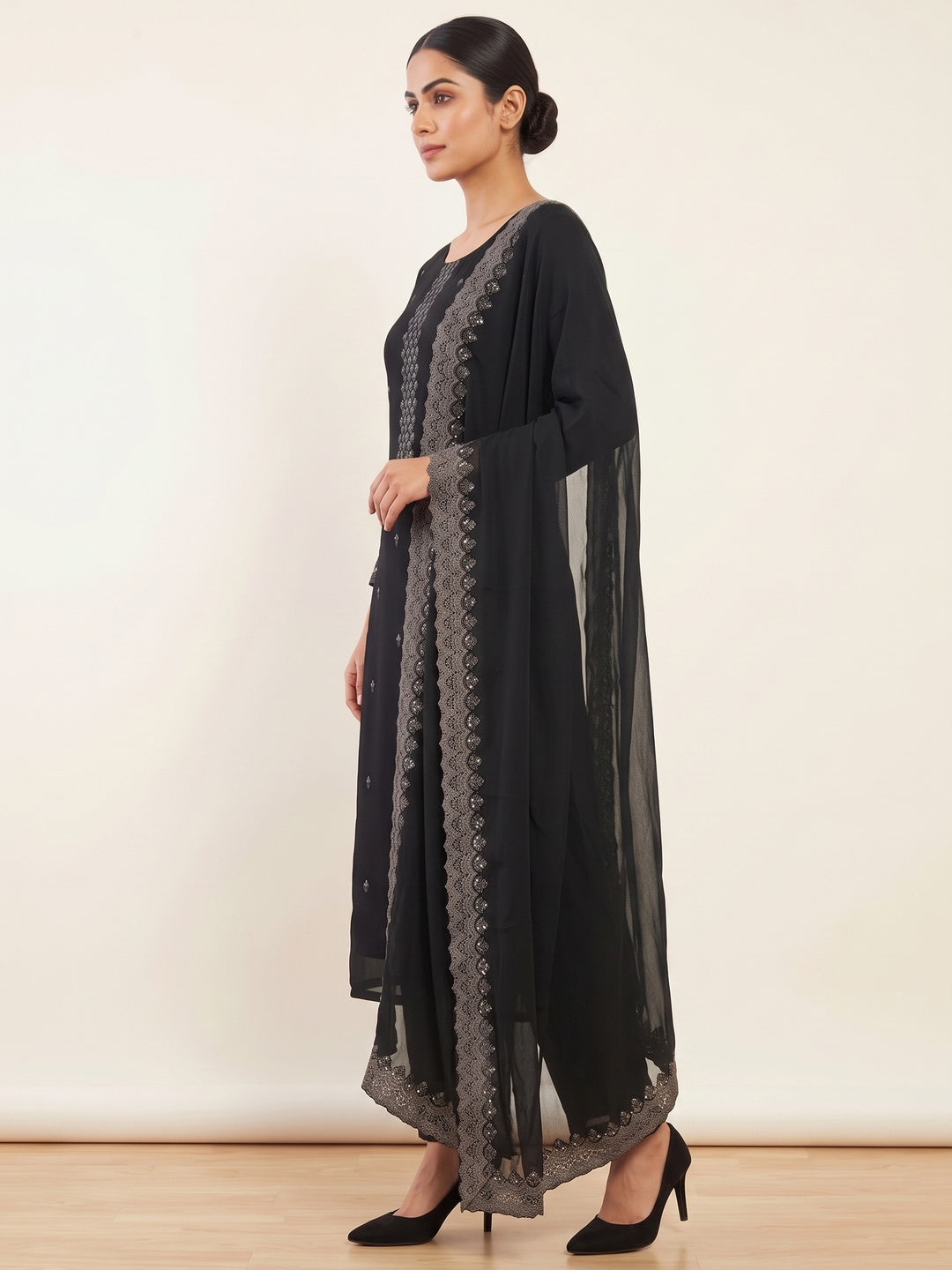 Black Floral Sequins Embroidered Georgette Dress Material - Image 3